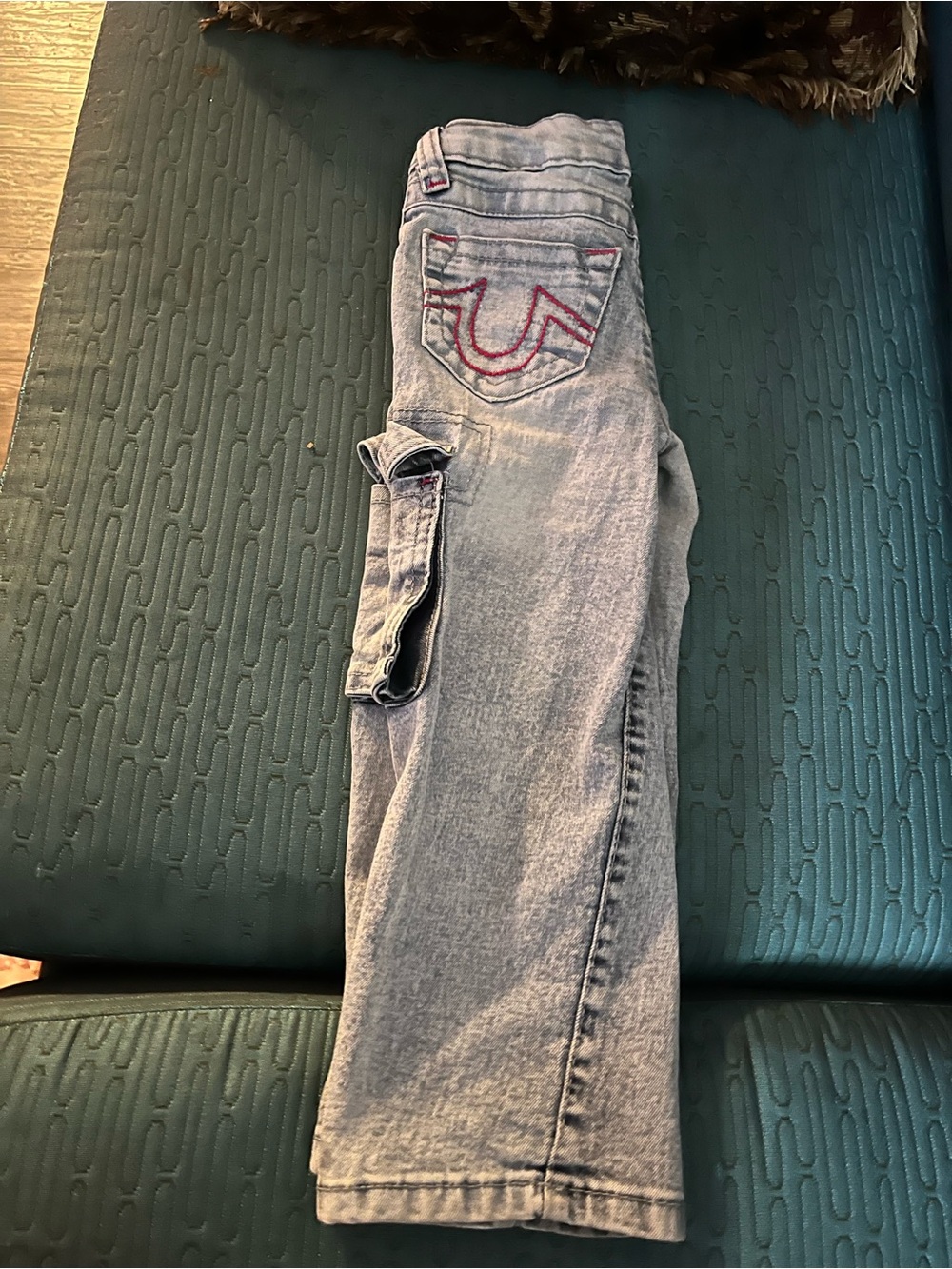 True Religion Light Blue Straight Leg Cargo Jeans with Red Stitching